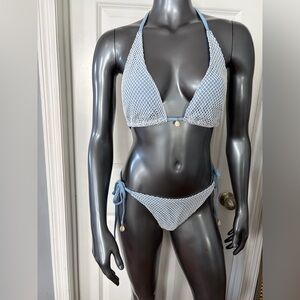 NWT Zaful Light Blue & White Mesh Tie-Side Bikini w/ Seashell Ends
